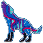 The northern lights are stitched inside the silhouet of a wolf.