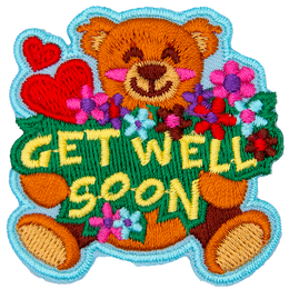 An adorable teddy bear holds a bouquet of flowers, and the words Get Well Soon.