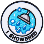 A shower head spraying water and surrounded by steam is above the words I Showered.