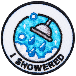 A shower head spraying water and surrounded by steam is above the words I Showered.