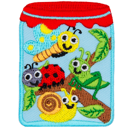 A jar contains a butterfly, grasshopper, ladybug and slug as well as a branch.