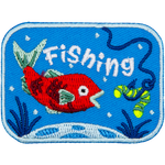 A salmon-coloured fish opens its mouth to grab a green worm off the hook. The word Fishing is floating in the water.