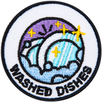 Two plates are in soapy water. The words Washed Dishes are underneath.