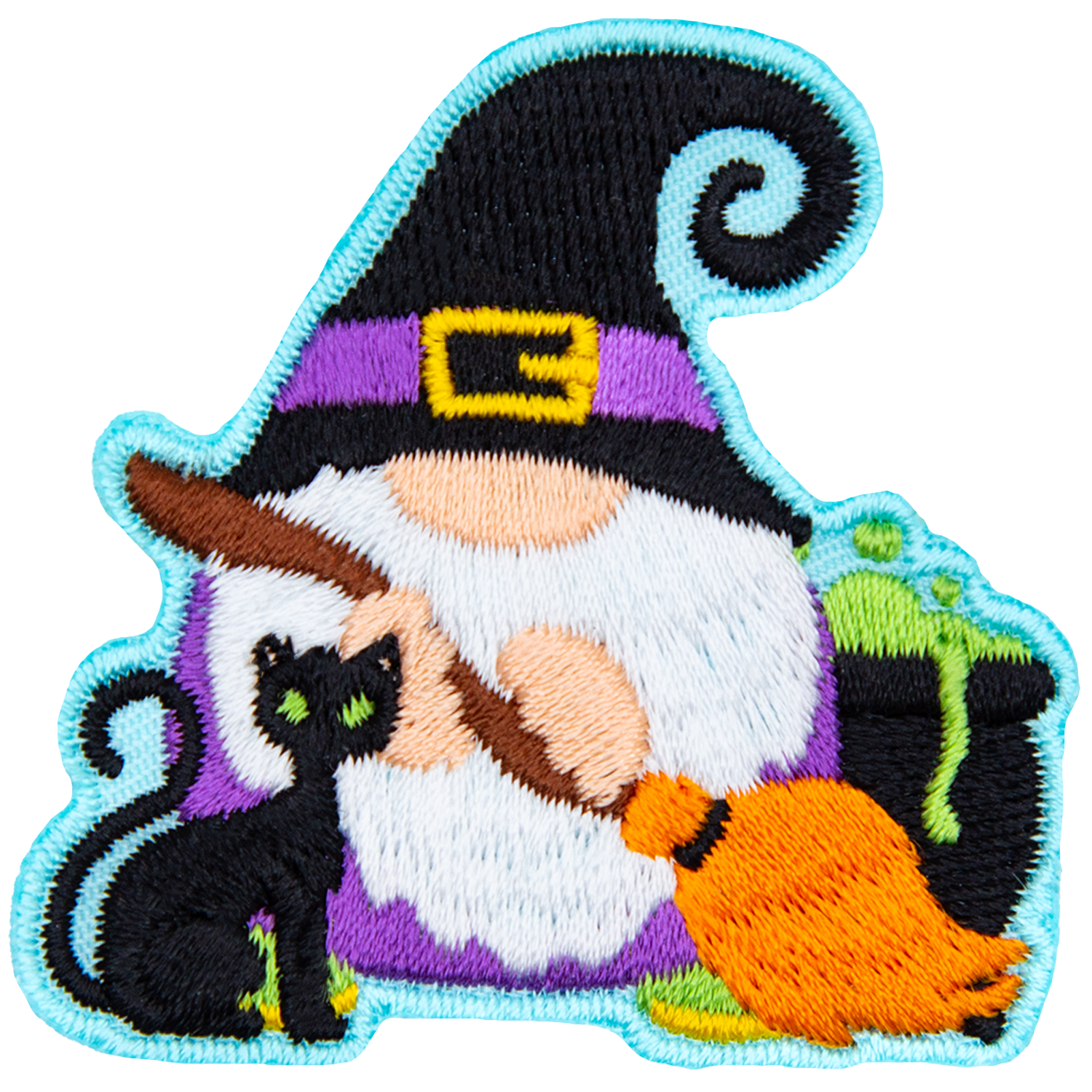 A gnome dressed as a witch holds a broom next to a black cat and a bubbling cauldron.