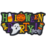 The words Halloween party with a ghost, pumpkin and candy corn replacing some of the letters.