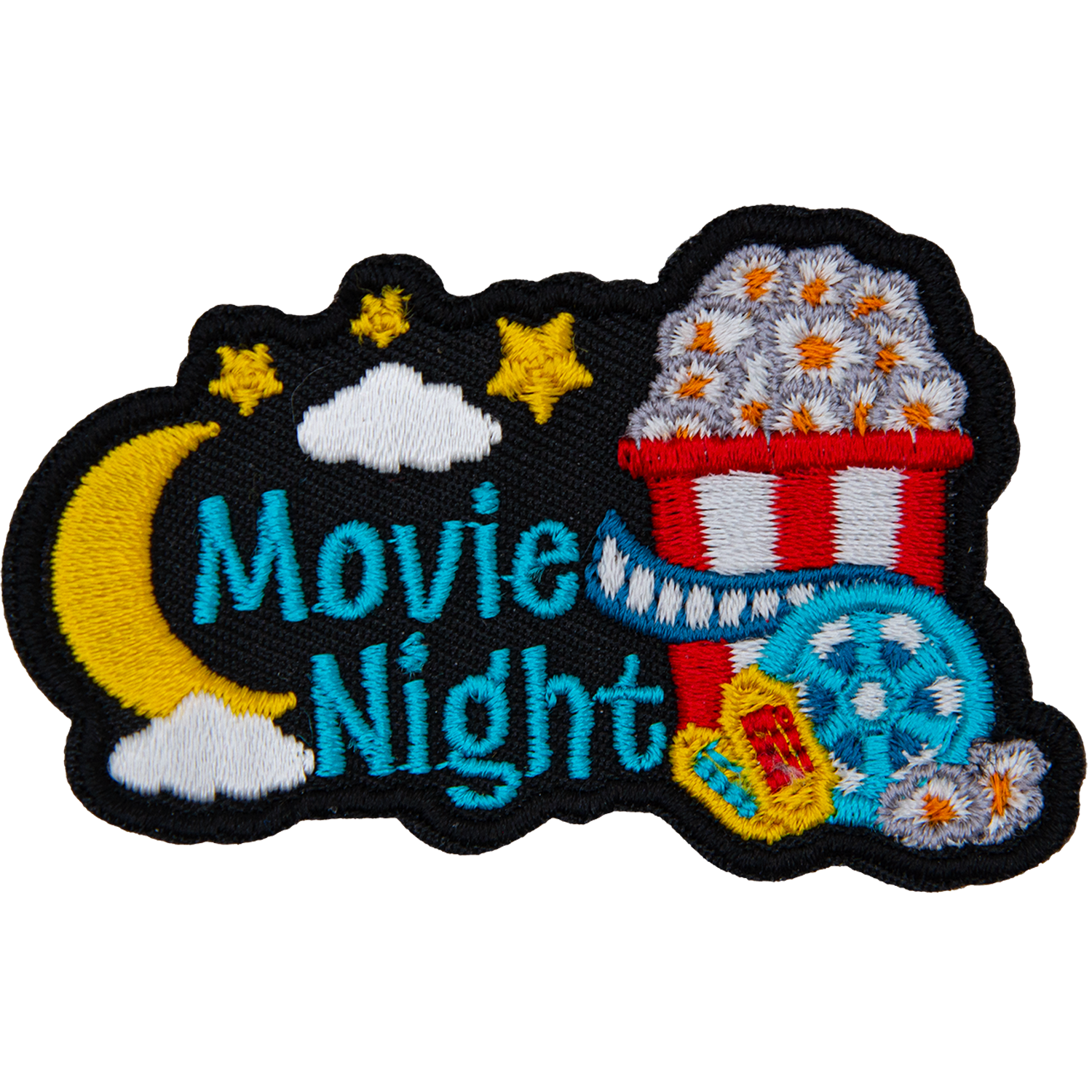 A bucket of popcorn, a movie reel and a moon next to the text Movie Night.