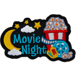 A bucket of popcorn, a movie reel and a moon next to the text Movie Night.