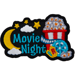 A bucket of popcorn, a movie reel and a moon next to the text Movie Night.