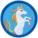 A unicorn rears majestically in the centre of a blue circle.