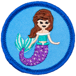 A mermaid with brown hair and a purple tail is on a blue circle.
