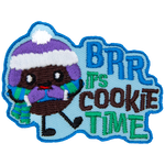 The words Brr It's Cookie Time are next to a cookie wearing a toque and mittens.
