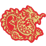 A gold Chinese Lung dragon on a red background.