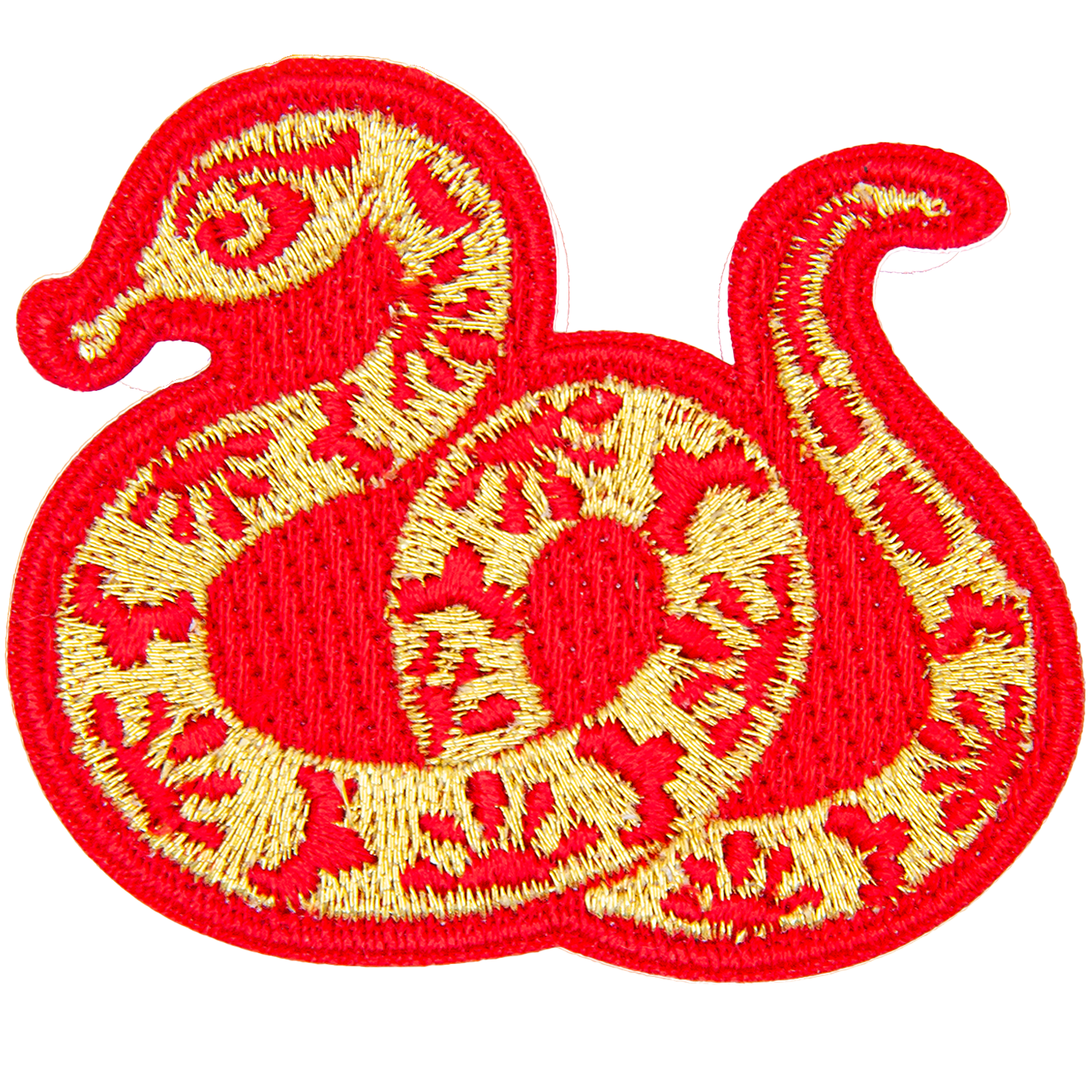 A gold snake with a red outline and floral details on its body.