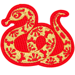 A gold snake with a red outline and floral details on its body.