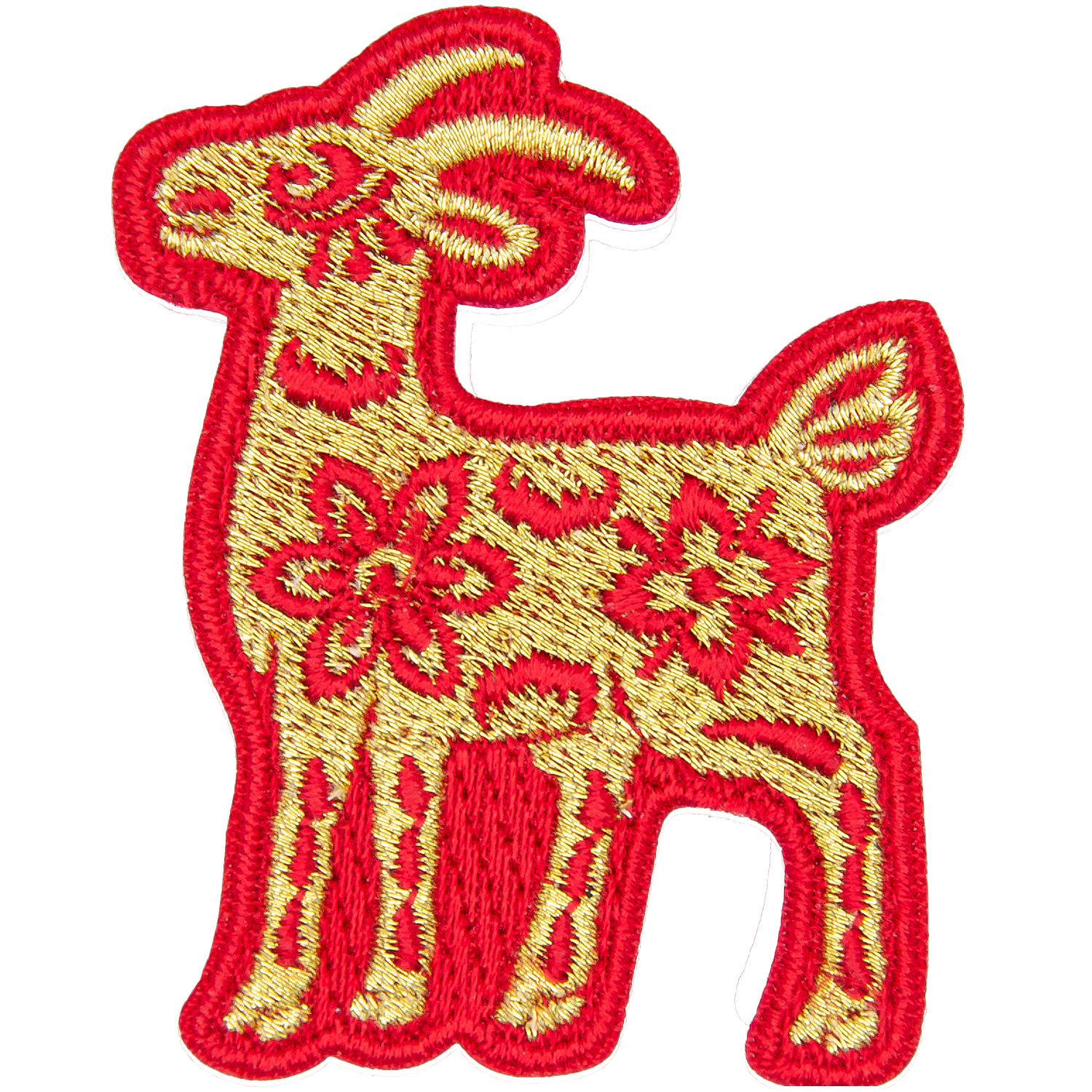 A gold goat with a red outline and floral details on its body.