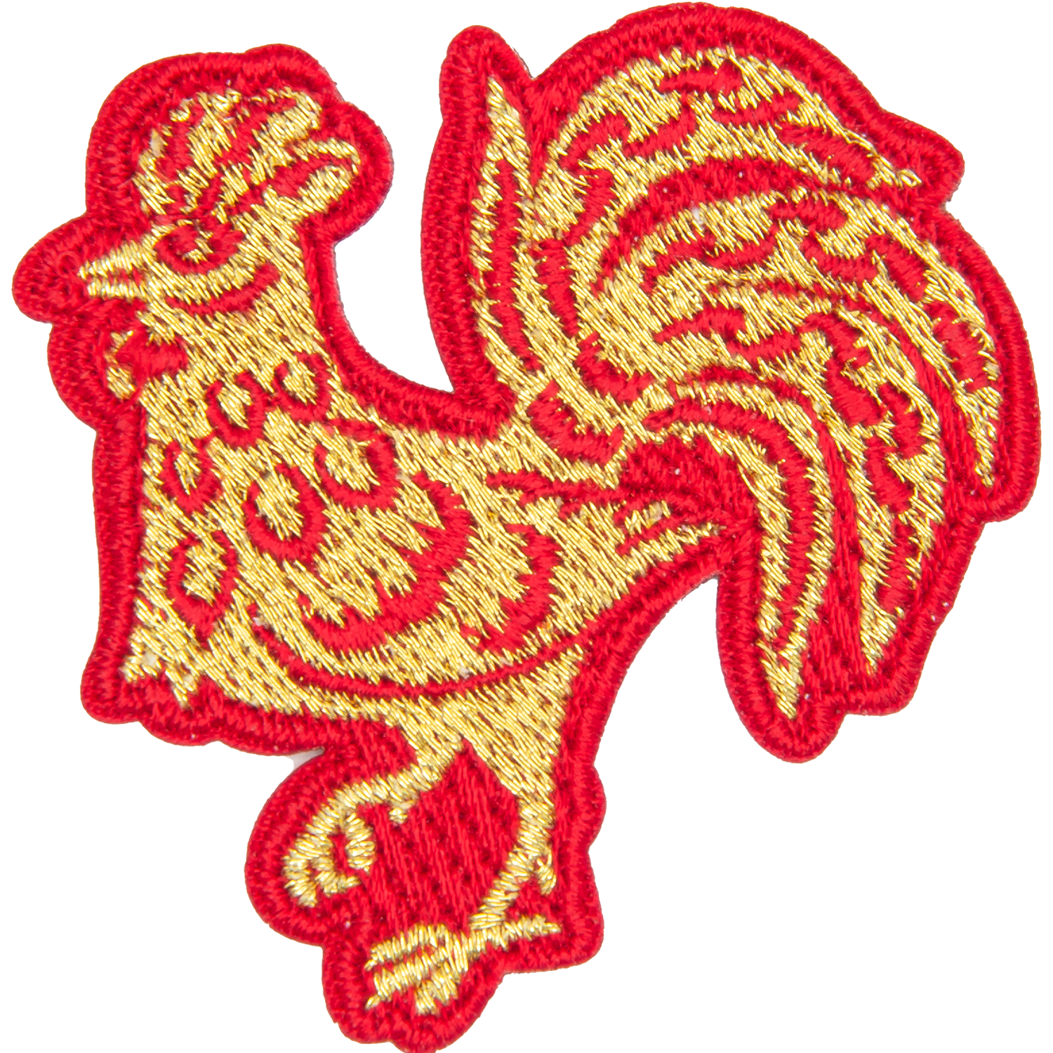 A gold rooster with a red outline and floral details on its body.