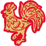 A gold rooster with a red outline and floral details on its body.