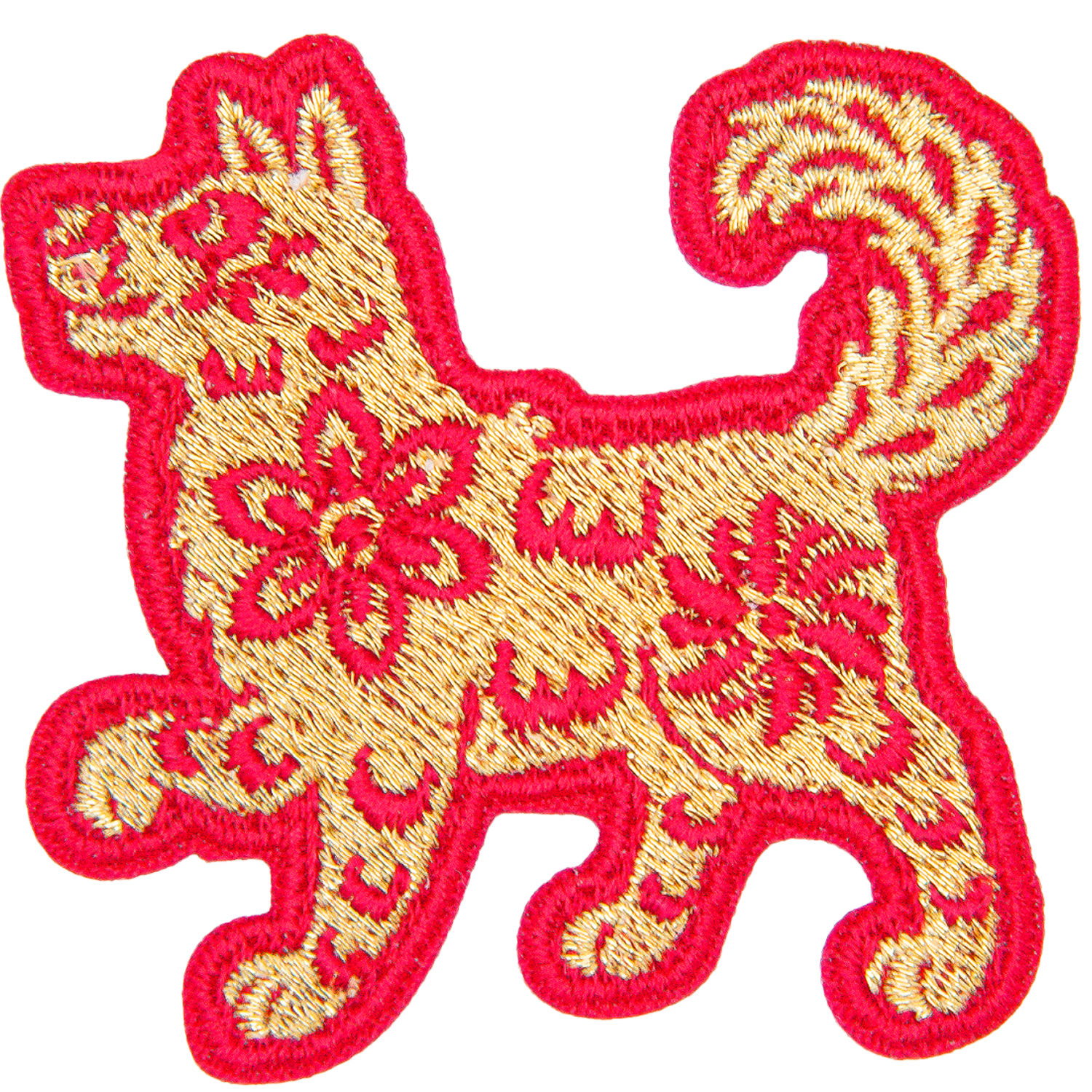 A gold dog in a red outline and detailing.