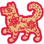A gold dog in a red outline and detailing.