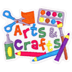 The words Arts & Crafts are surrounded by crayons, a glue bottom, scissors, and a paintbrush.