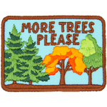 Four trees stand proudly next to each other underneath the words More Trees Please.