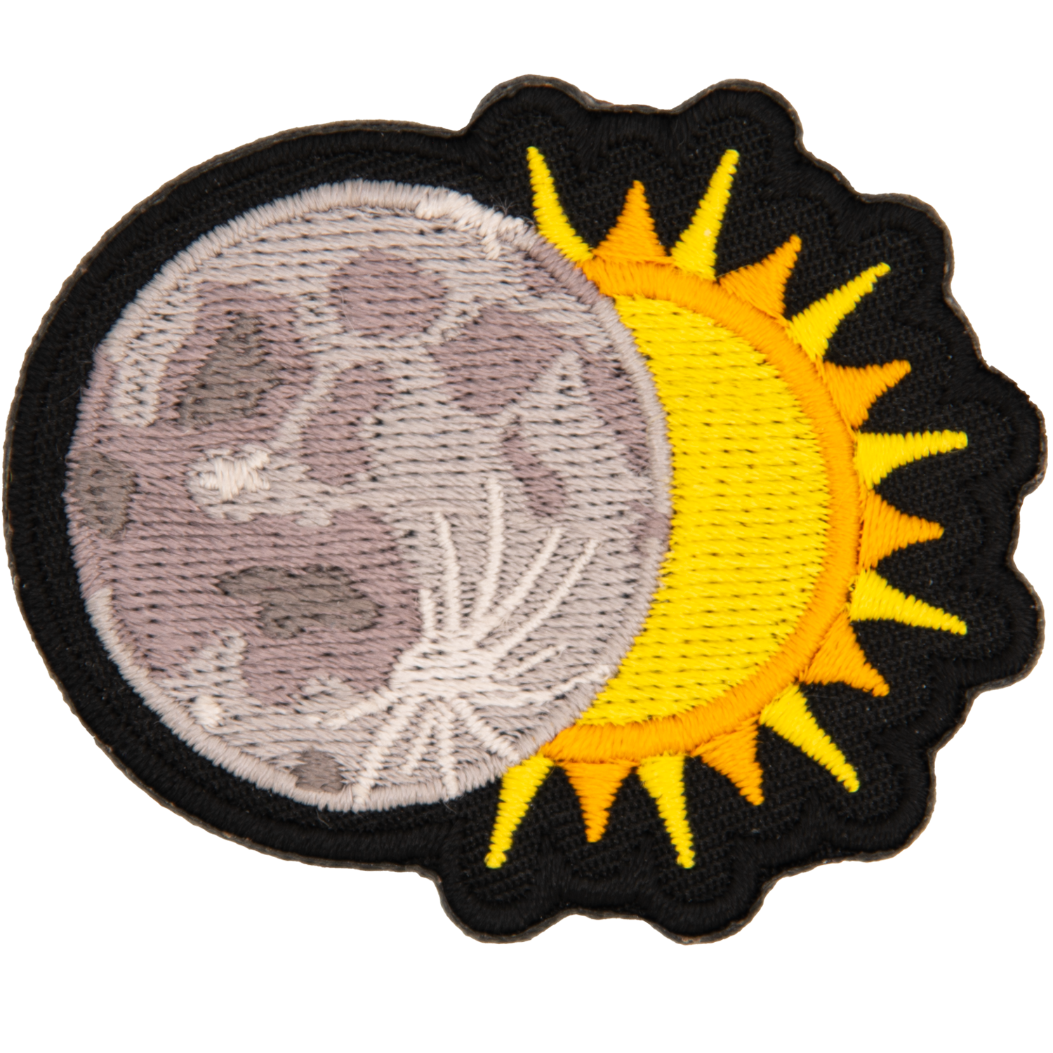 A moon overlapping half of a sun.