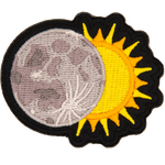 A moon overlapping half of a sun.