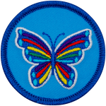 A rainbow butterfly on a blue background.