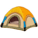 A round cream-coloured tent with an orange tarp.