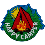 A red tent in front of a campfire with the words Happy Camper.
