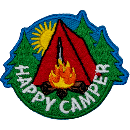 A red tent in front of a campfire with the words Happy Camper.
