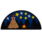 A tipi under the stars next to a campfire.