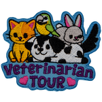 A cute puppy, kitten, bunny and bird sit above the words Veterinarian Tour.