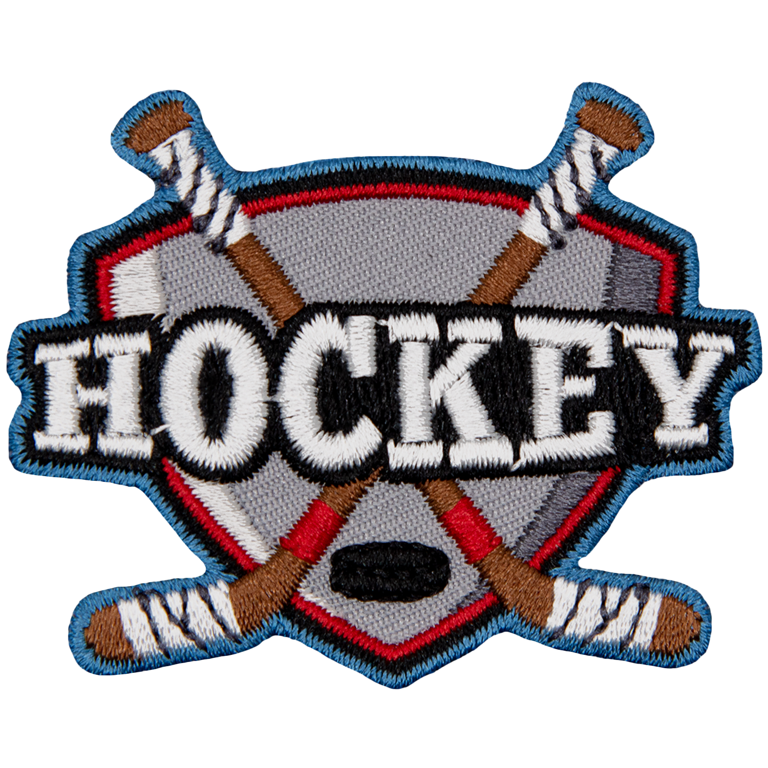 Two hockey sticks are crossed behind the word Hockey.