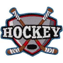 Two hockey sticks are crossed behind the word Hockey.