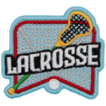 A lacrosse stick on top of a net under the word Lacrosse.