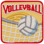 A white volleyball going over a net under the word Volleyball.