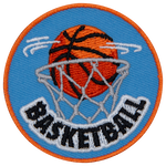 An orange basketball in a blue net above the word Basketball.