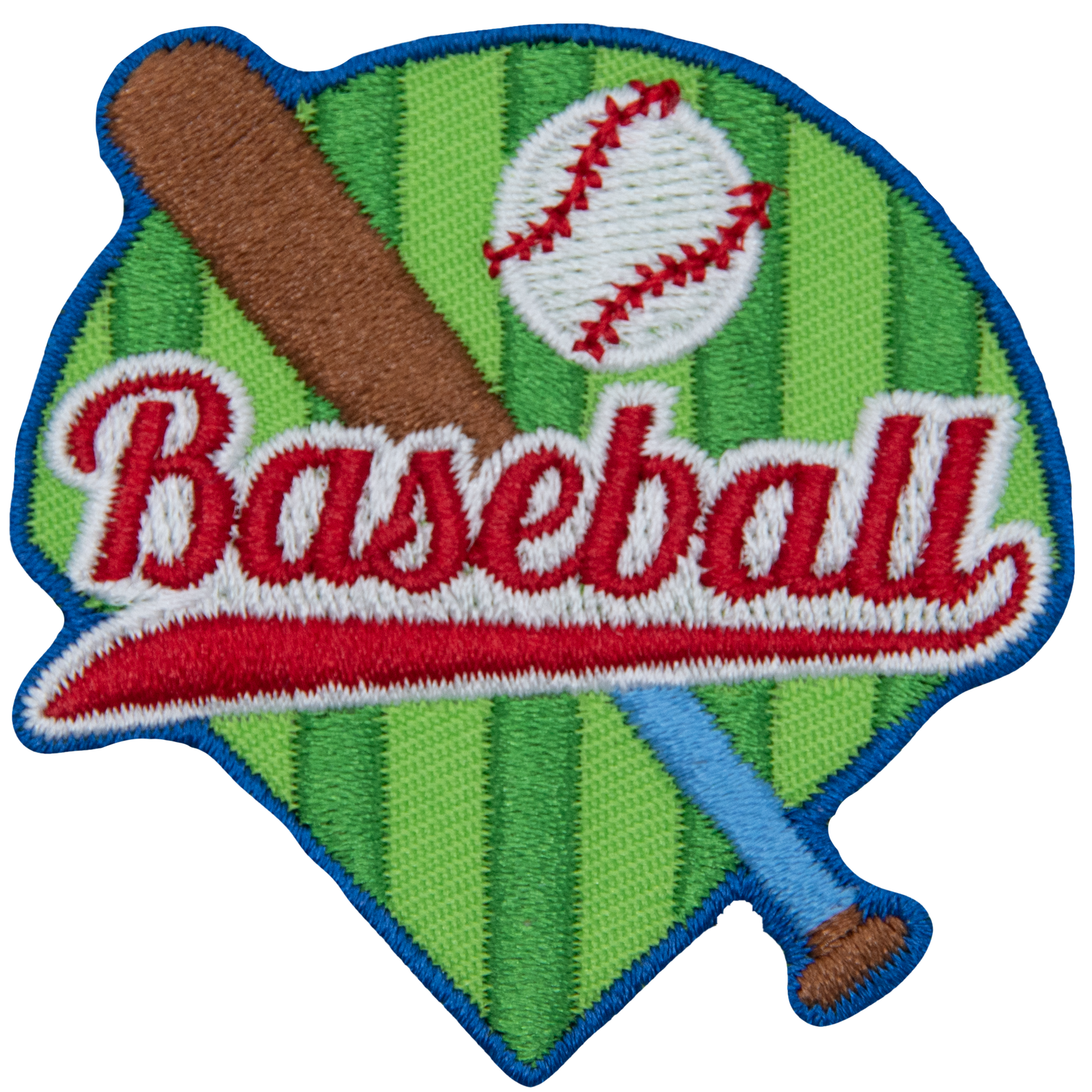A baseball and a bat are under the word Baseball on top of a baseball field.