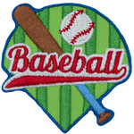 A baseball and a bat are under the word Baseball on top of a baseball field.