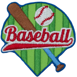 A baseball and a bat are under the word Baseball on top of a baseball field.