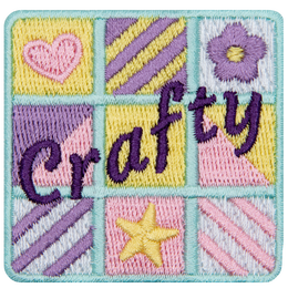 The word Crafty over a quilt-themed badge.