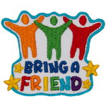 Three figures with hands raised in joy above the words Bring A Friend.