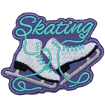 Two white figure skates are underneath the word Skating in cyan.