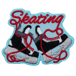 Two black and white hockey skates under red lettered Skating.