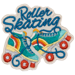 Two cyan roller skates with an orange and yellow rainbow on the heels.