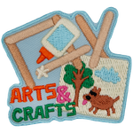 A glue bottle, popsicle sticks and a painting of a dog are next to the words arts and crafts.