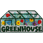 A glass greenhouse full of flowers above the word Greenhouse.