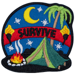 The word Survive is above a green tent and a campfire, beneath a starry night sky.