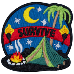 The word Survive is above a green tent and a campfire, beneath a starry night sky.